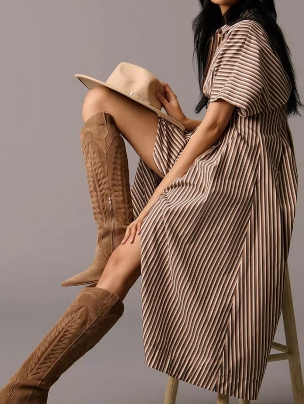 Women's Boutique Striped Button Down Pleated Shirt Dress - Brown/Black